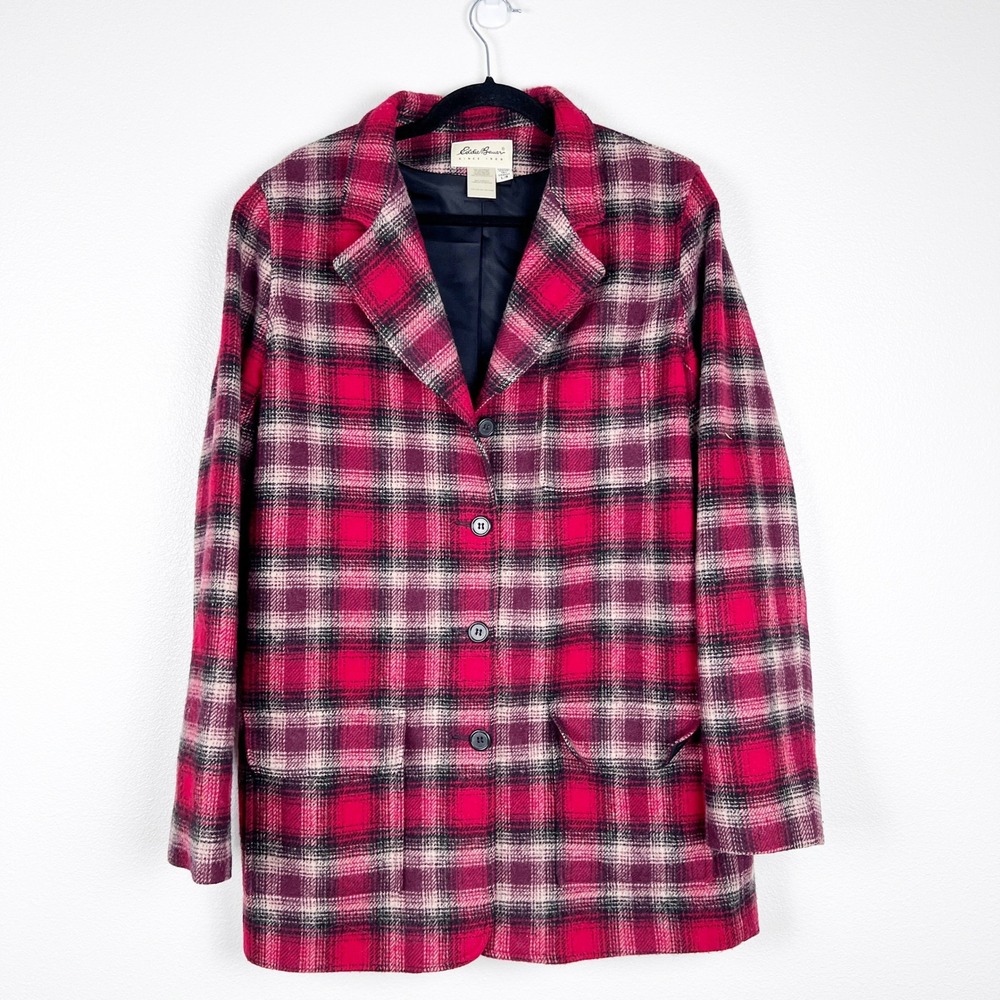 Eddie Bauer Womens Red Plaid Wool Blend Jacket Tall Large Button Front Coat